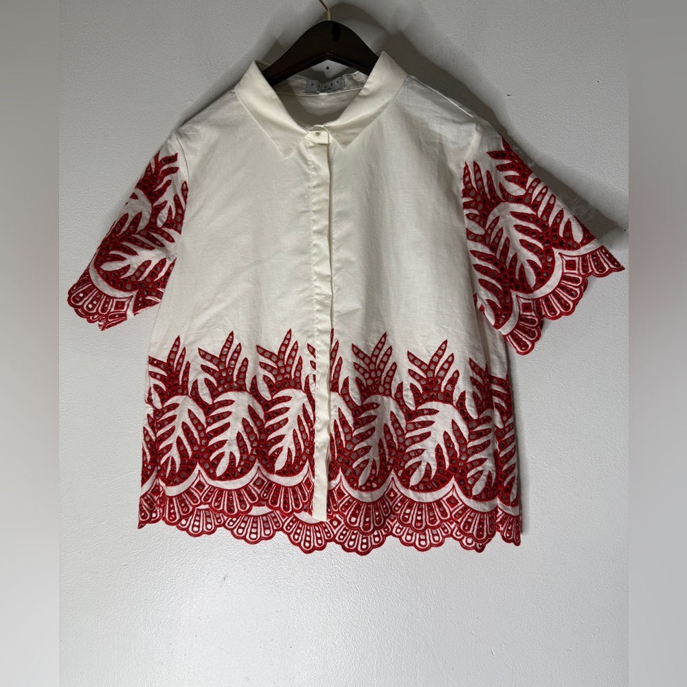 Serie Suncoo White Collar Button Down Top Red Eyelet Detail Size T1‎ Small